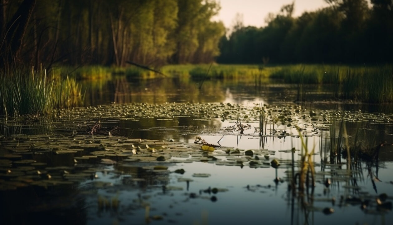 Tranquil pond reflects the beauty of nature generated by AI